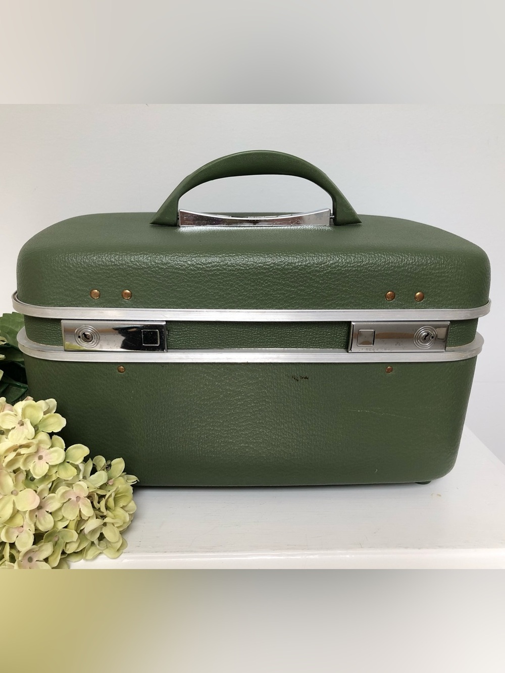 Vintage Boyle Avocado Green Train Travel Suitcase With Keys